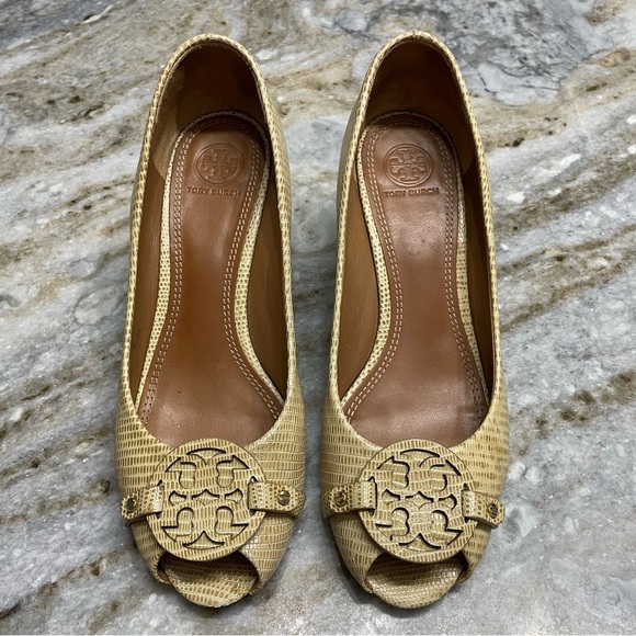 Tory Burch Mini Miller Open-Toe Wedge Shoes in trench tan women’s 8.5 - Picture 1 of 14